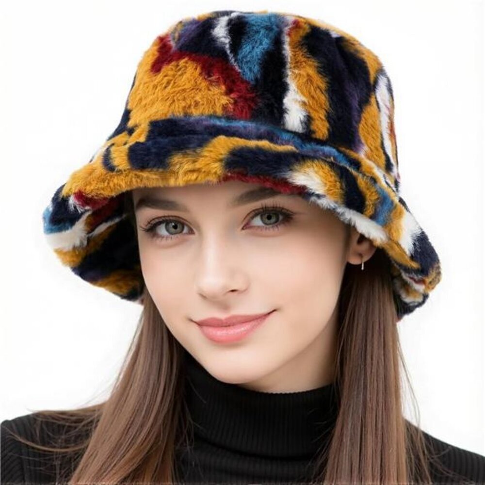 Winter Fluffy Faux Fur Multicolor  Bucket Hat for Women & Men Warm Cap